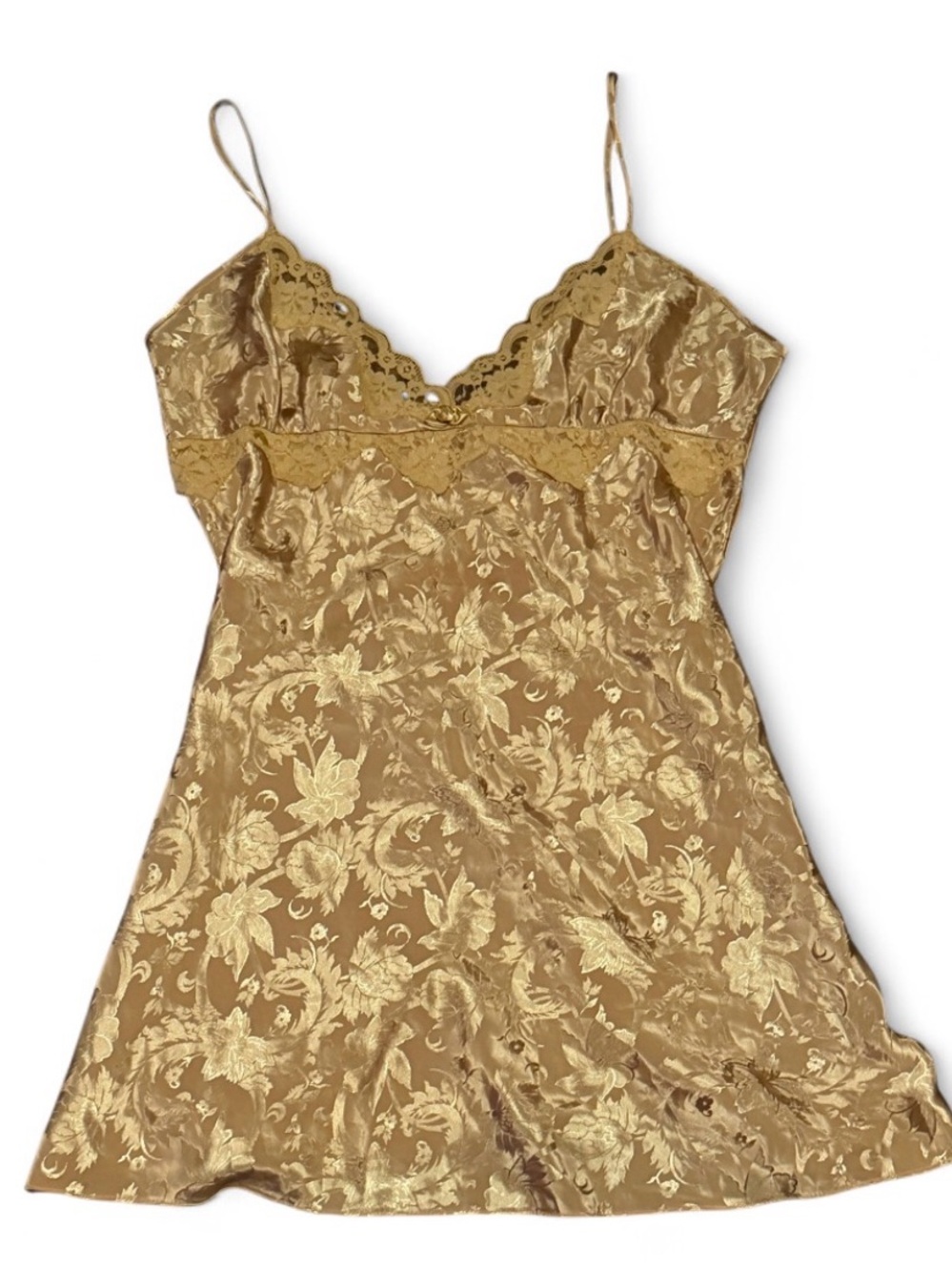 Vintage Adonna Gold Floral Lace Trim Slip Dress
